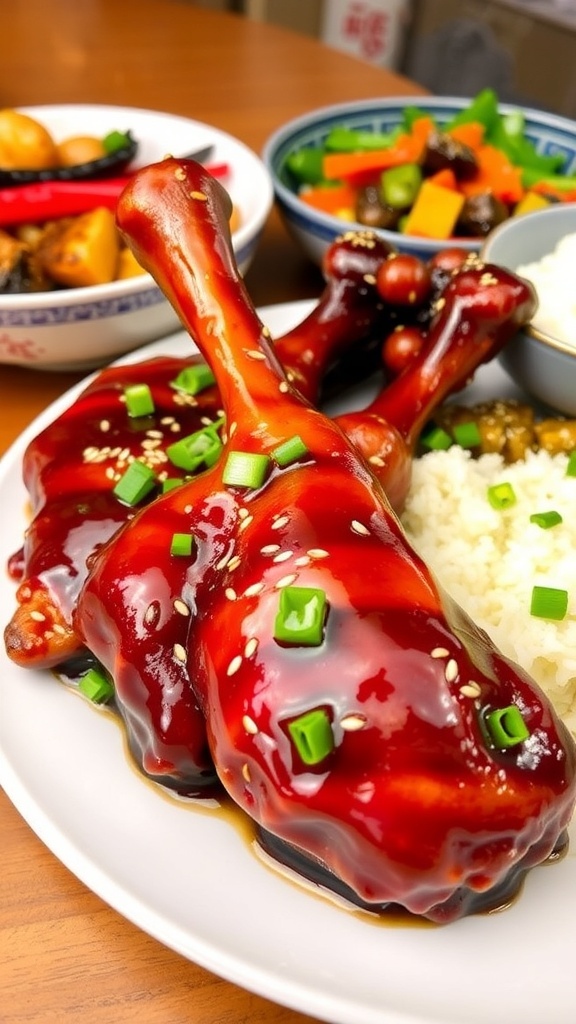 Honey soy glazed chicken drumsticks garnished with green onions and sesame seeds, served with rice and vegetables.